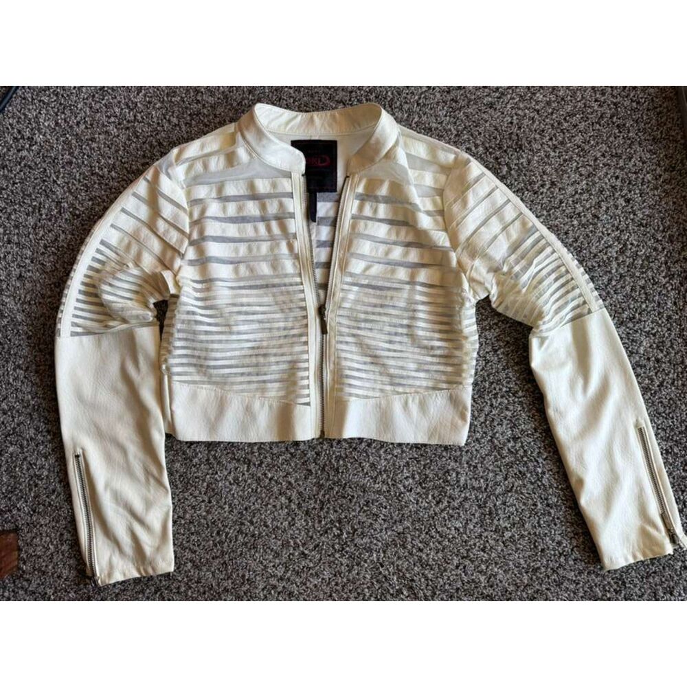 Yoki New York White Faux Leather & Mesh Stripe Moto Crop Jacket Size Large